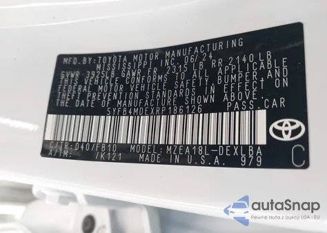 2024 Toyota Corolla Le z USA, uszkodzony, nr VIN 5YFB4MDEXRP186126